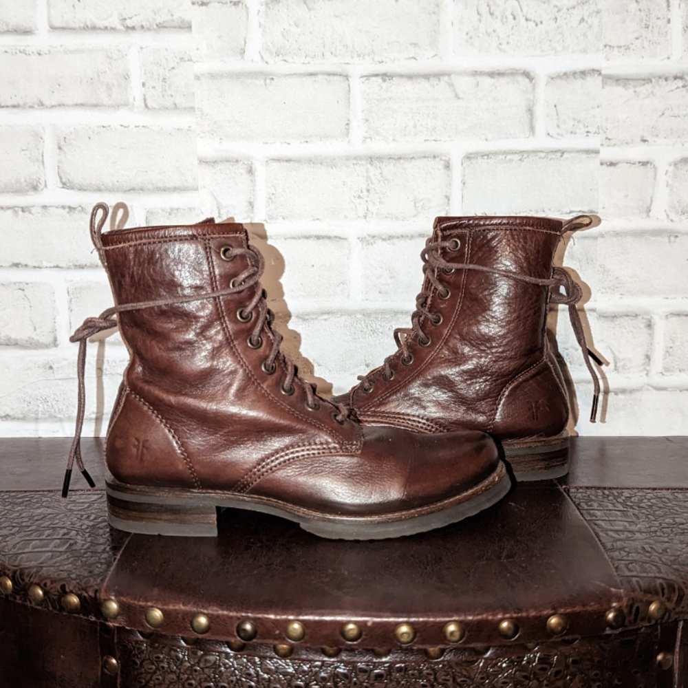 Frye Veronica Combat Dark Brown Leather Lace Up Boots size 6 - Picture 13 of 16
